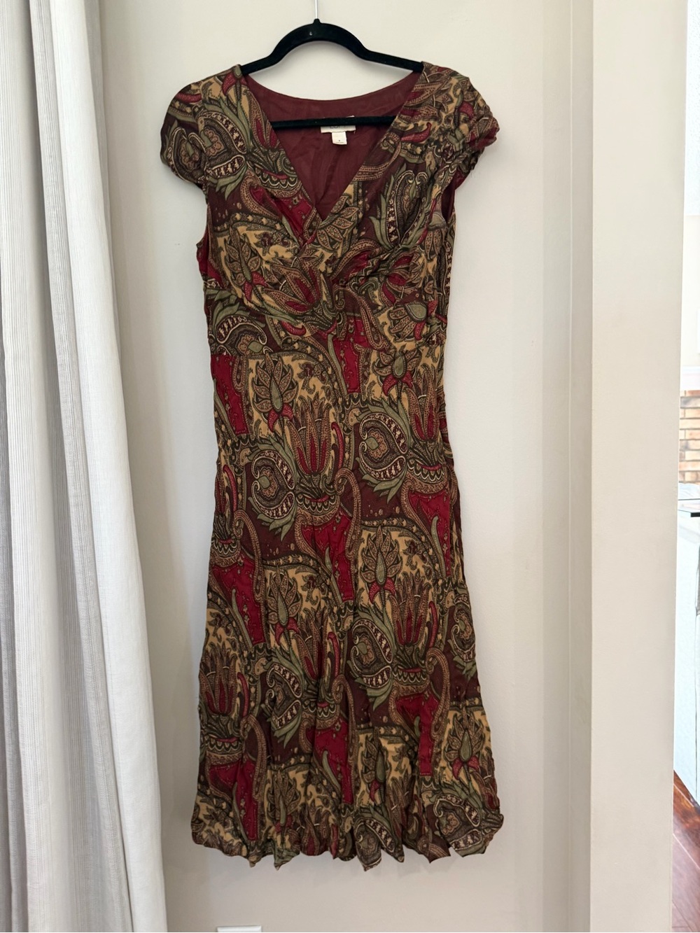 LOFT Paisley Wrap-Style Midi Dress in Burgundy, Olive and Tan